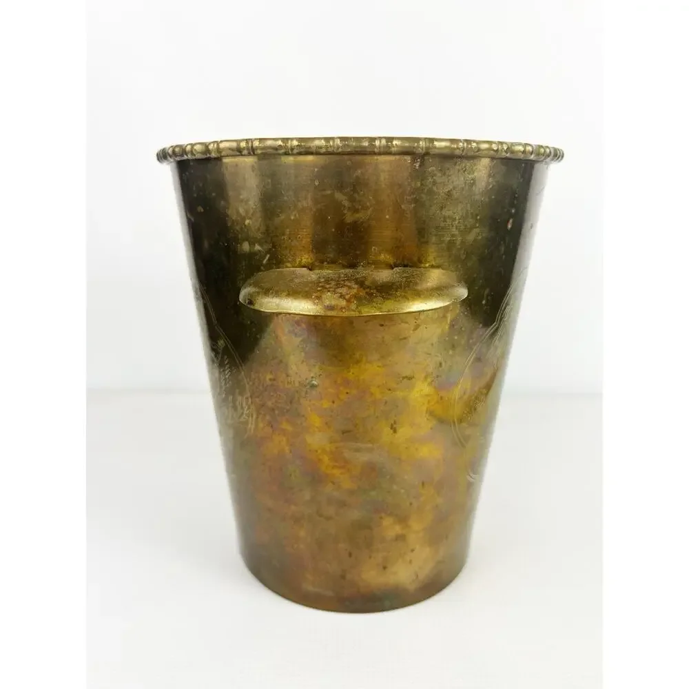 Vintage Brass Ice Bucket Wine Cooler Engraved Etched Planter Asian Scenic Handle